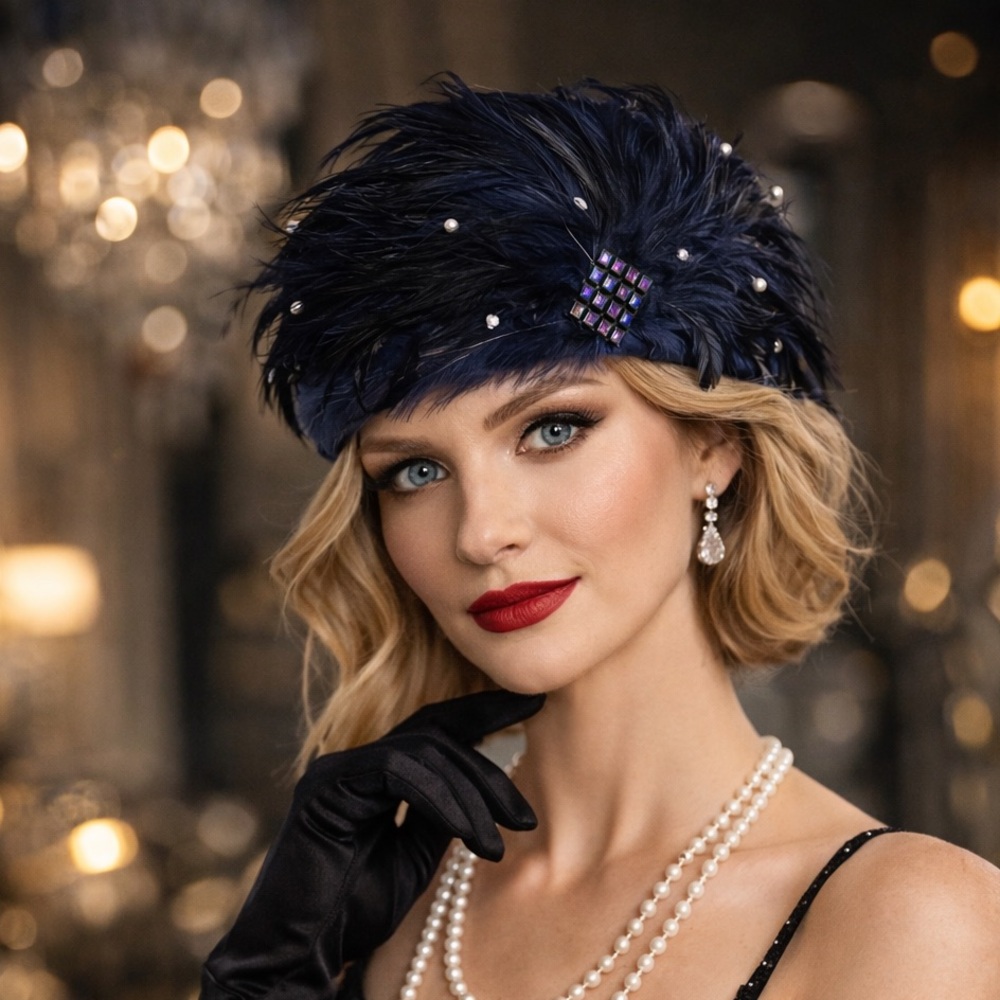 1920’s Flapper Style, Feathered Headband-Hat,Navy,Excellent Condition, Size OS